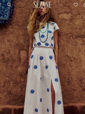 Sezane Arianna Skirt Ecru With Contrasting Columbine Blue Embroidery - Size 2
